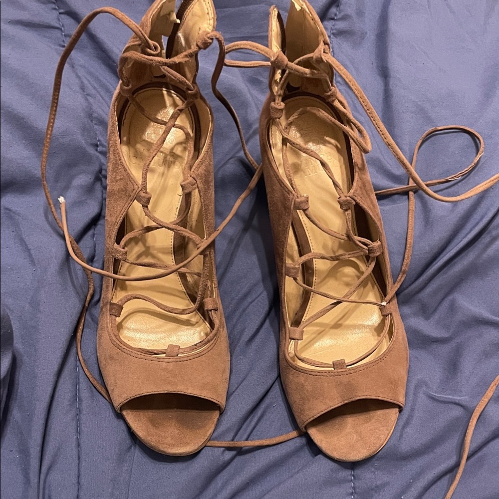 Vince Camuto Tan Suede Lace-Up Peep Toe Heels
